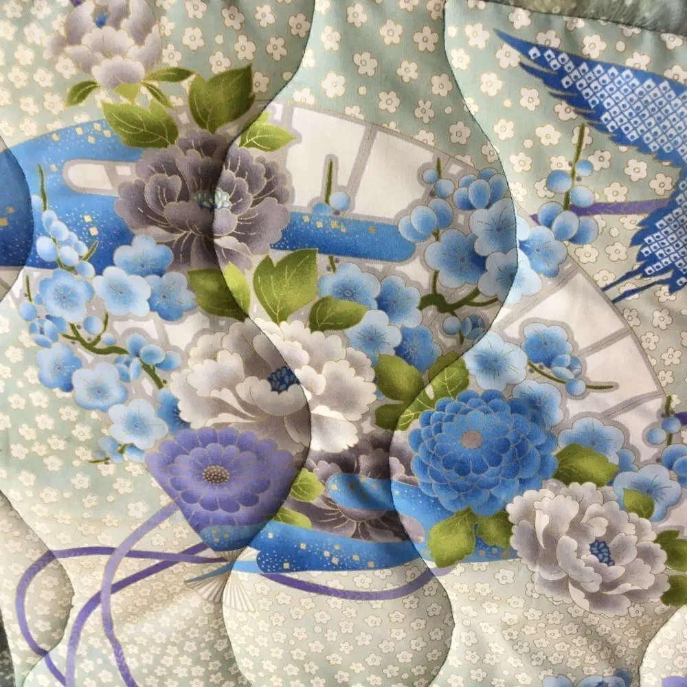 NWT Hand Crafted Quilt in Oriental Prints of Blues and Aquas With Cranes